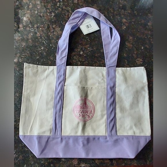 Trader Joe'S Handbags - Trader Joe's Large Lavender and Cream Canvas Tote Bag